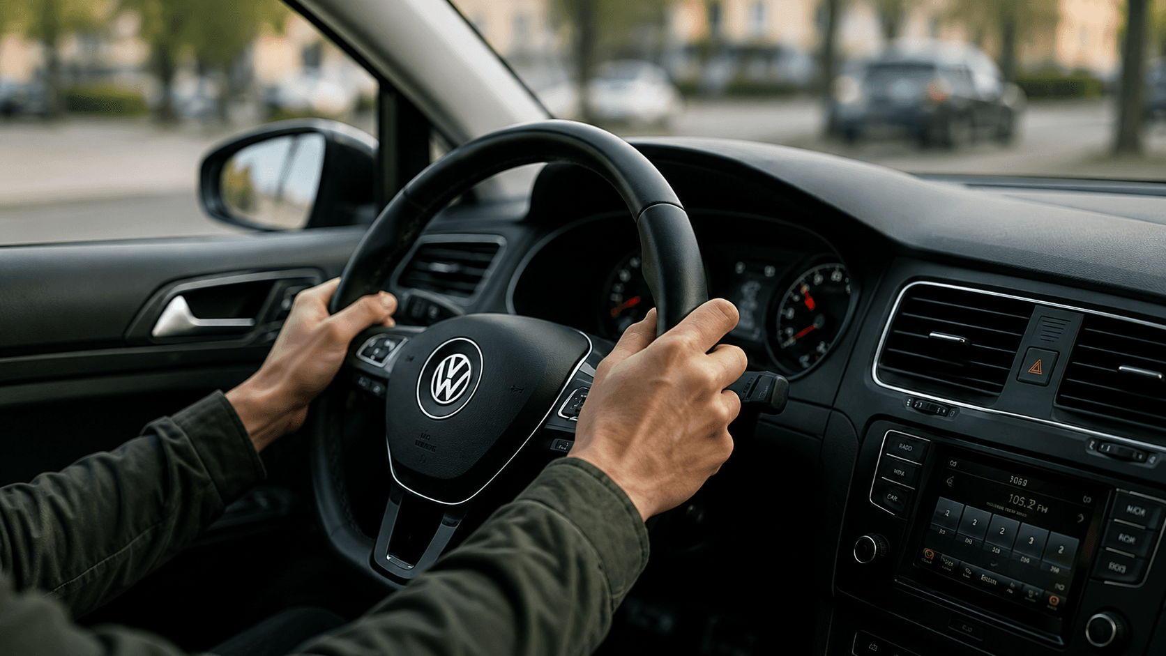 Fahrschüler mit beiden Händen am Lenkrad während einer Fahrstunde